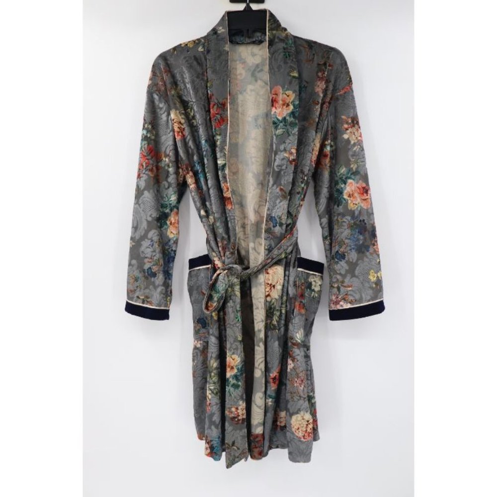 Zara women's Small kimono robe velvet detail open front belted floral pockets